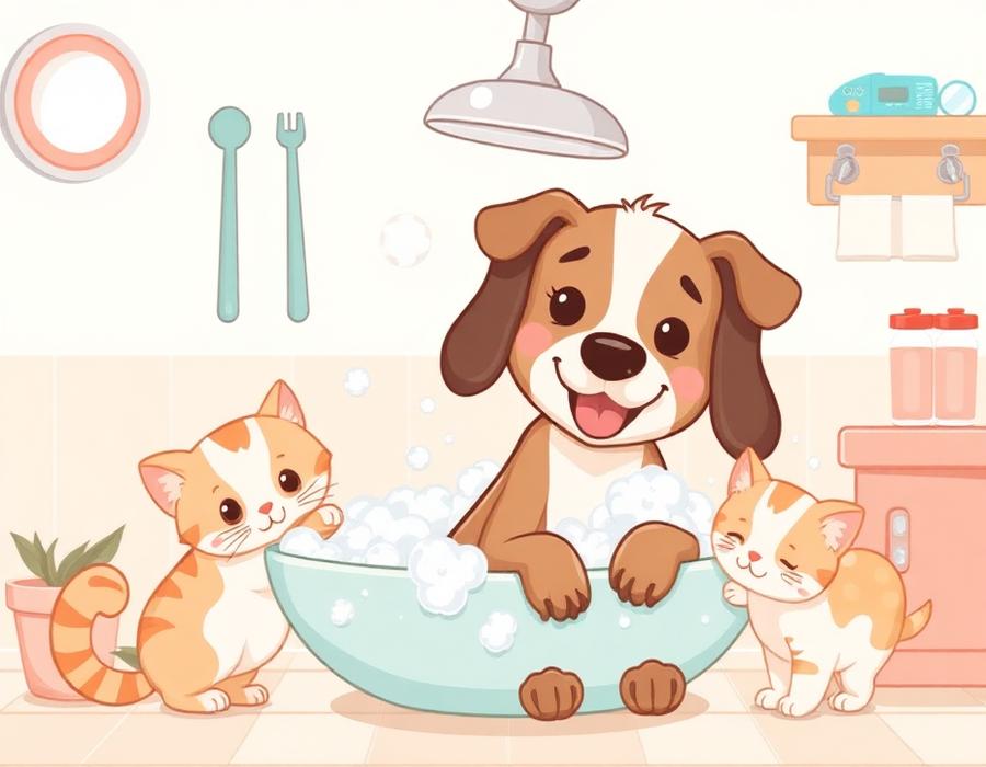 Puppy enjoying a bubbly bath while kittens play nearby